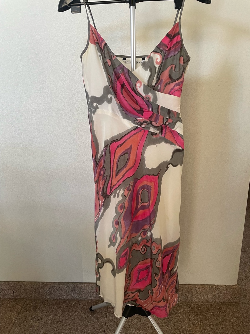 Trina Turk Silk Faux Wrap-Front Maxi Dress in Pink and Gray